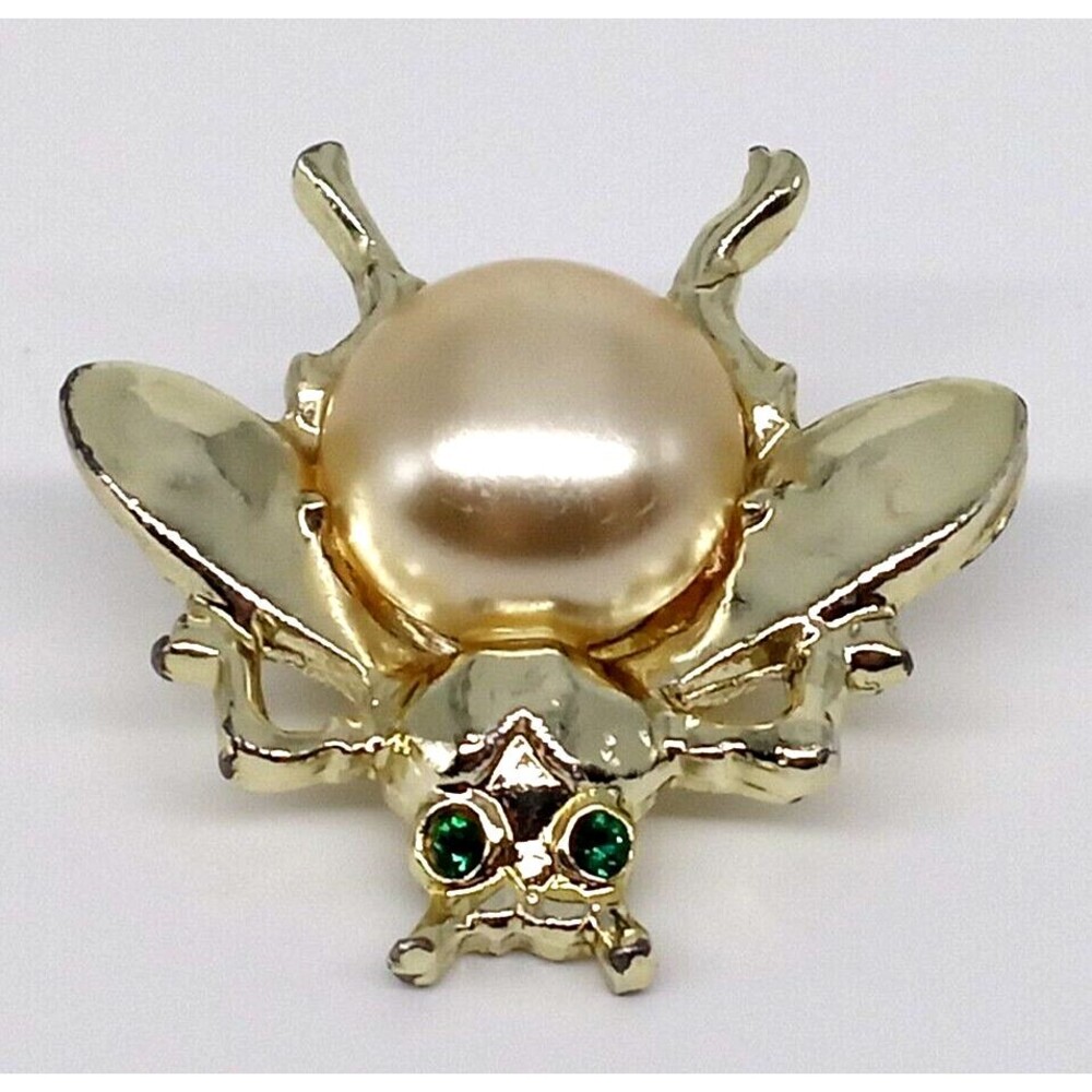Bee Insect Fly Brooch Pin Faux Pearl Green Rhinestones Gold Tone Small Vintage